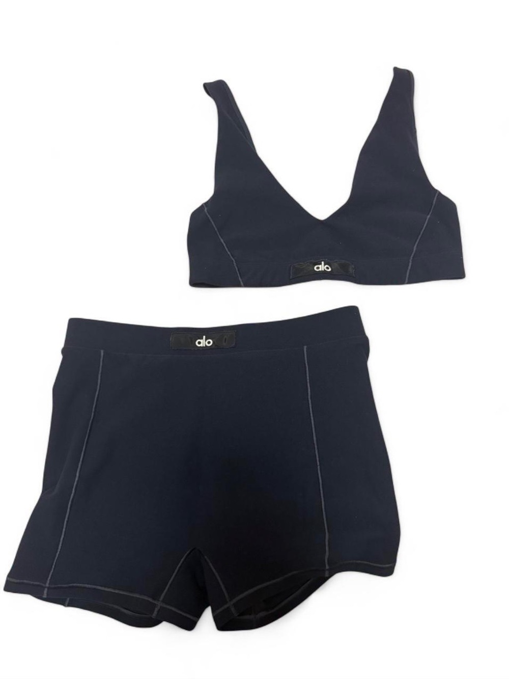ALO Yoga Navy Seamless V-Bralette and High-Waist Lounge Shorts Set